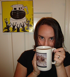 Cosette, drinking coffee